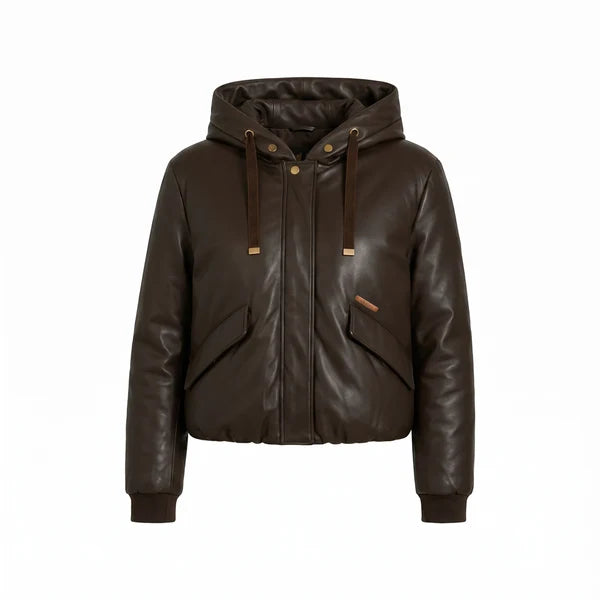 ARB-1526 BROWN HOODED LEATHER JACKET