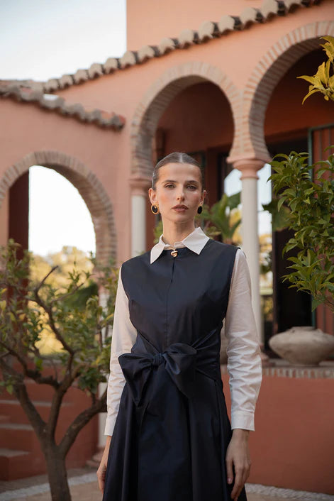 NOI-H4077 NAVY TAFFETA TIE DRESS