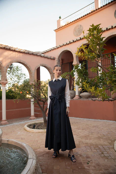 NOI-H4077 NAVY TAFFETA TIE DRESS