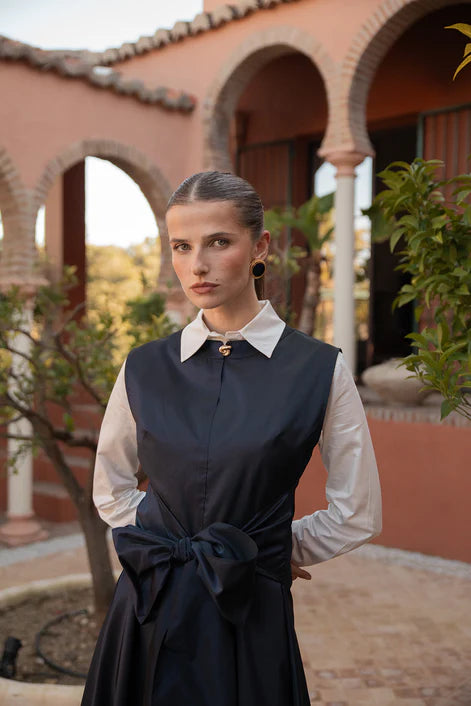 NOI-H4077 NAVY TAFFETA TIE DRESS