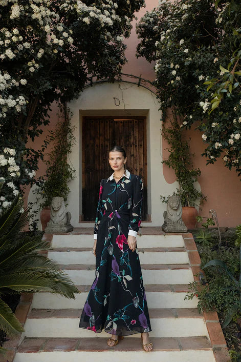 NOI-H4088 BLACK FLORAL PRINT SHIRT DRESS