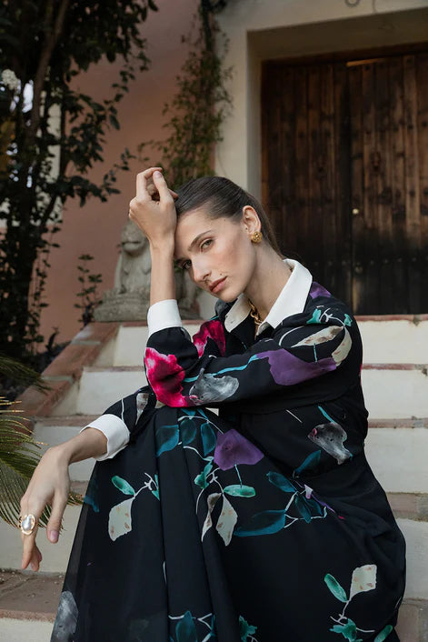 NOI-H4088 BLACK FLORAL PRINT SHIRT DRESS