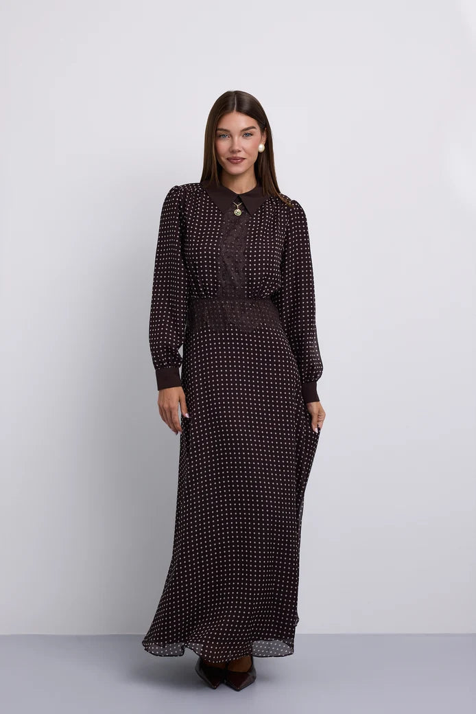 NOI-H4090 BROWN POLKA DOT&LACE PANEL DRESS