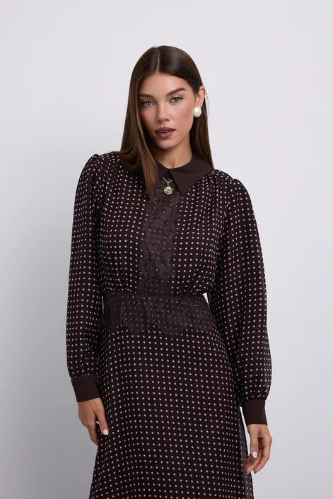 NOI-H4090 BROWN POLKA DOT&LACE PANEL DRESS