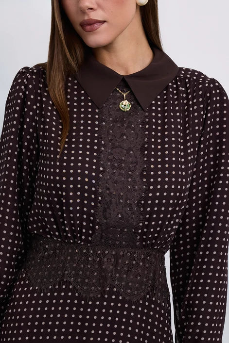 NOI-H4090 BROWN POLKA DOT&LACE PANEL DRESS
