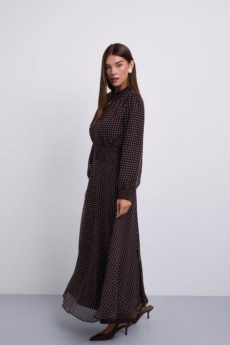 NOI-H4090 BROWN POLKA DOT&LACE PANEL DRESS