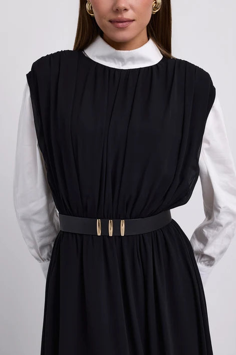 NOI-H4092 BROWN GATHERED BELT DRESS