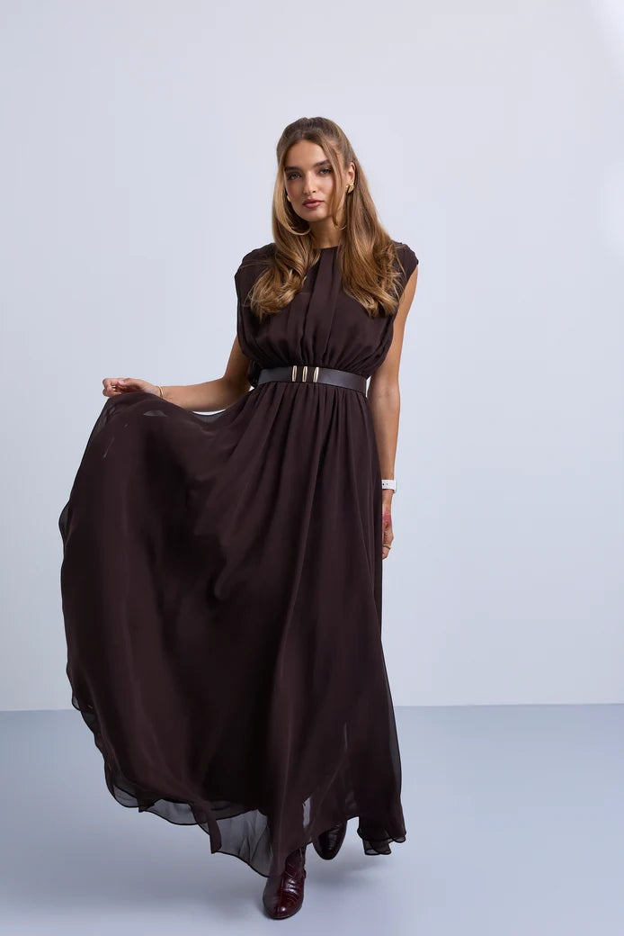 NOI-H4092 BLACK GATHERED BELT DRESS