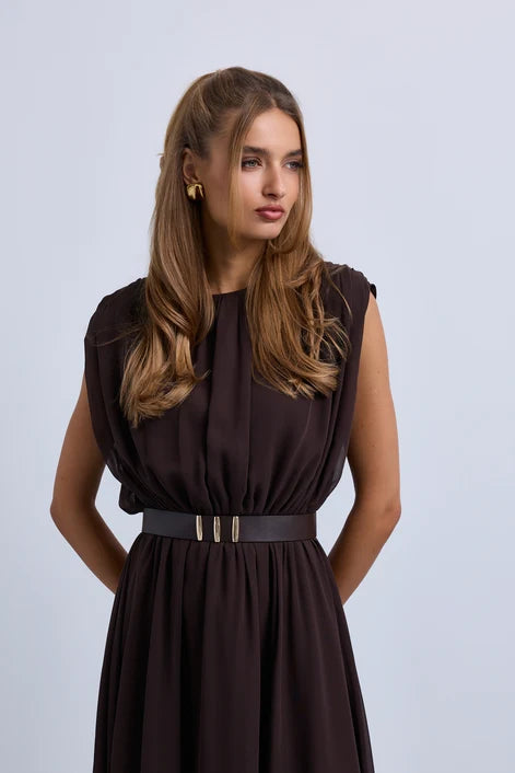 NOI-H4092 BROWN GATHERED BELT DRESS