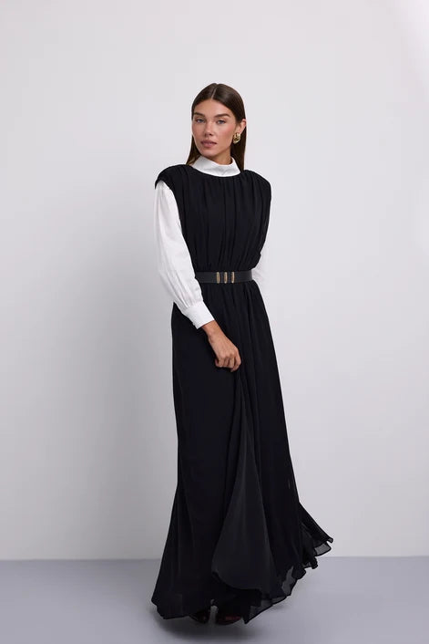 NOI-H4092 BROWN GATHERED BELT DRESS