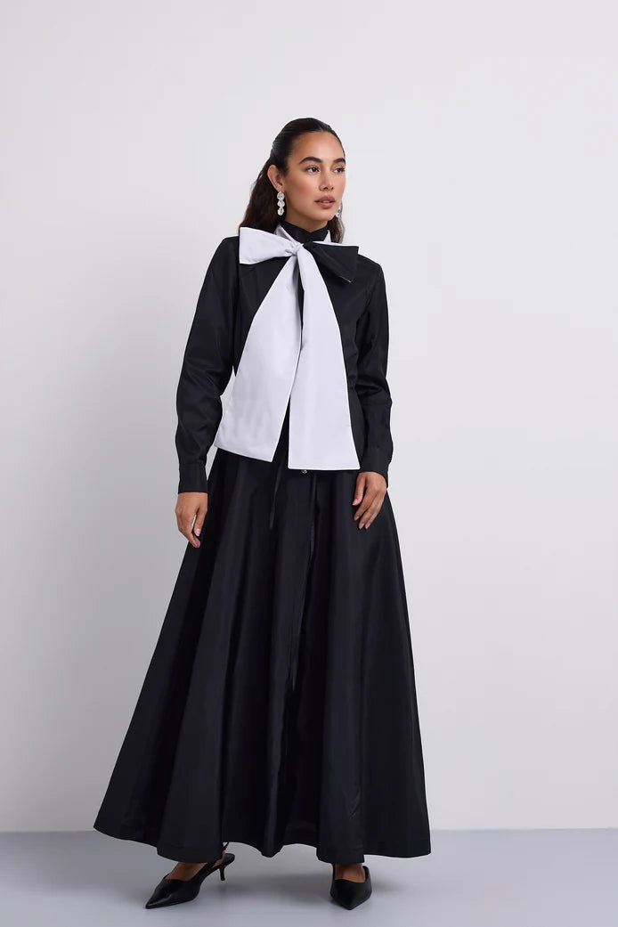 NOI-H4099 BLACK CONTRAST BOW TAFFETA DRESS