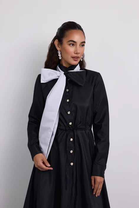 NOI-H4099 BLACK CONTRAST BOW TAFFETA DRESS