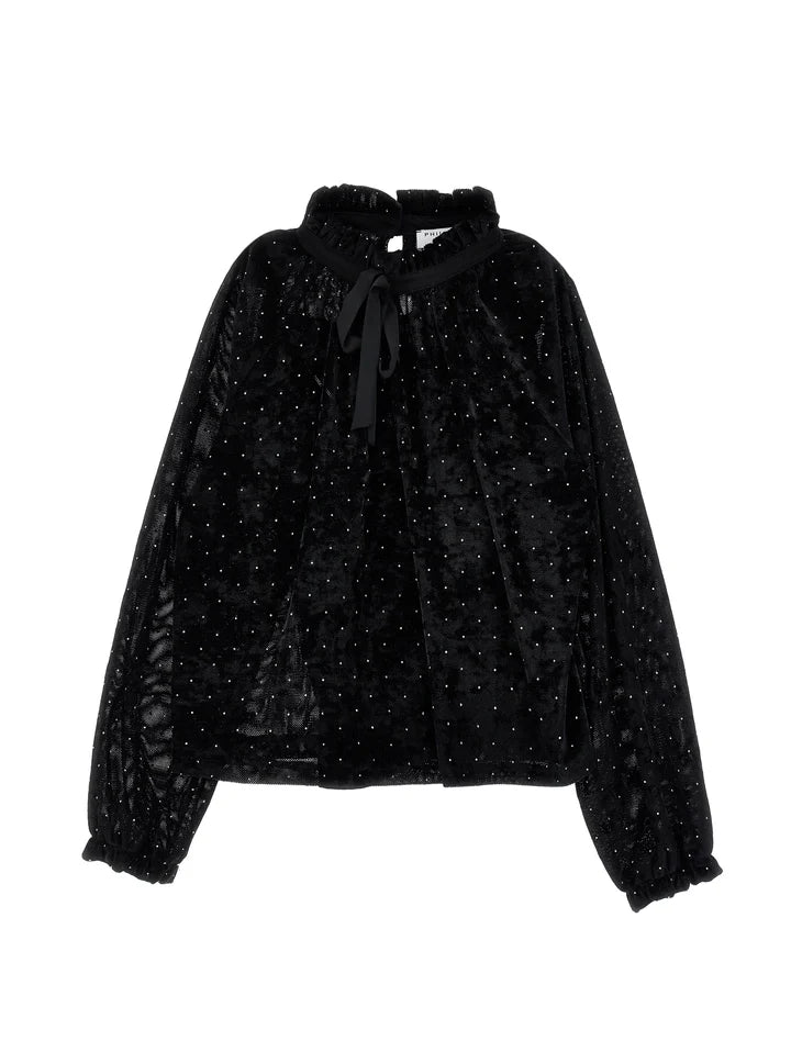 PHK-I1H303 BLACK VELVET STUDDED TOP
