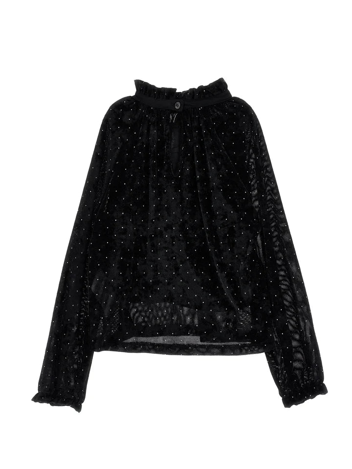 PHK-I1H303 BLACK VELVET STUDDED TOP