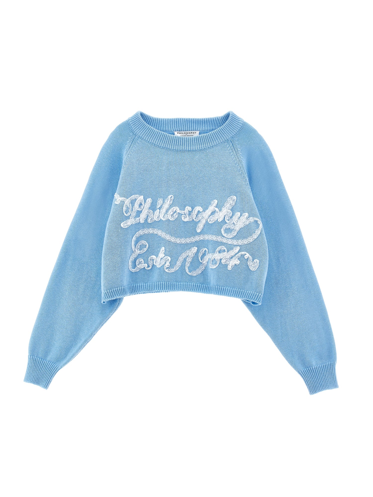 PHK-I9E614 LIGHT BLUE KNIT LETTERING TOP