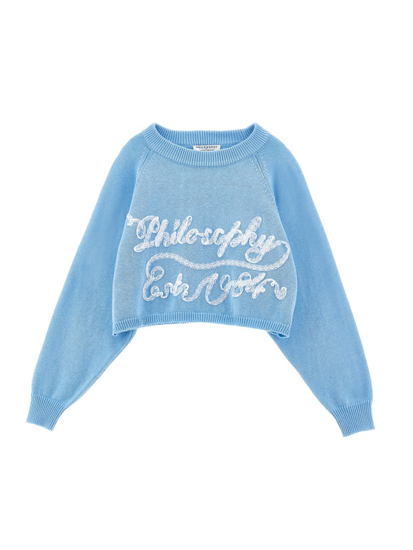 PHK-I9E614 LIGHT BLUE KNIT LETTERING TOP