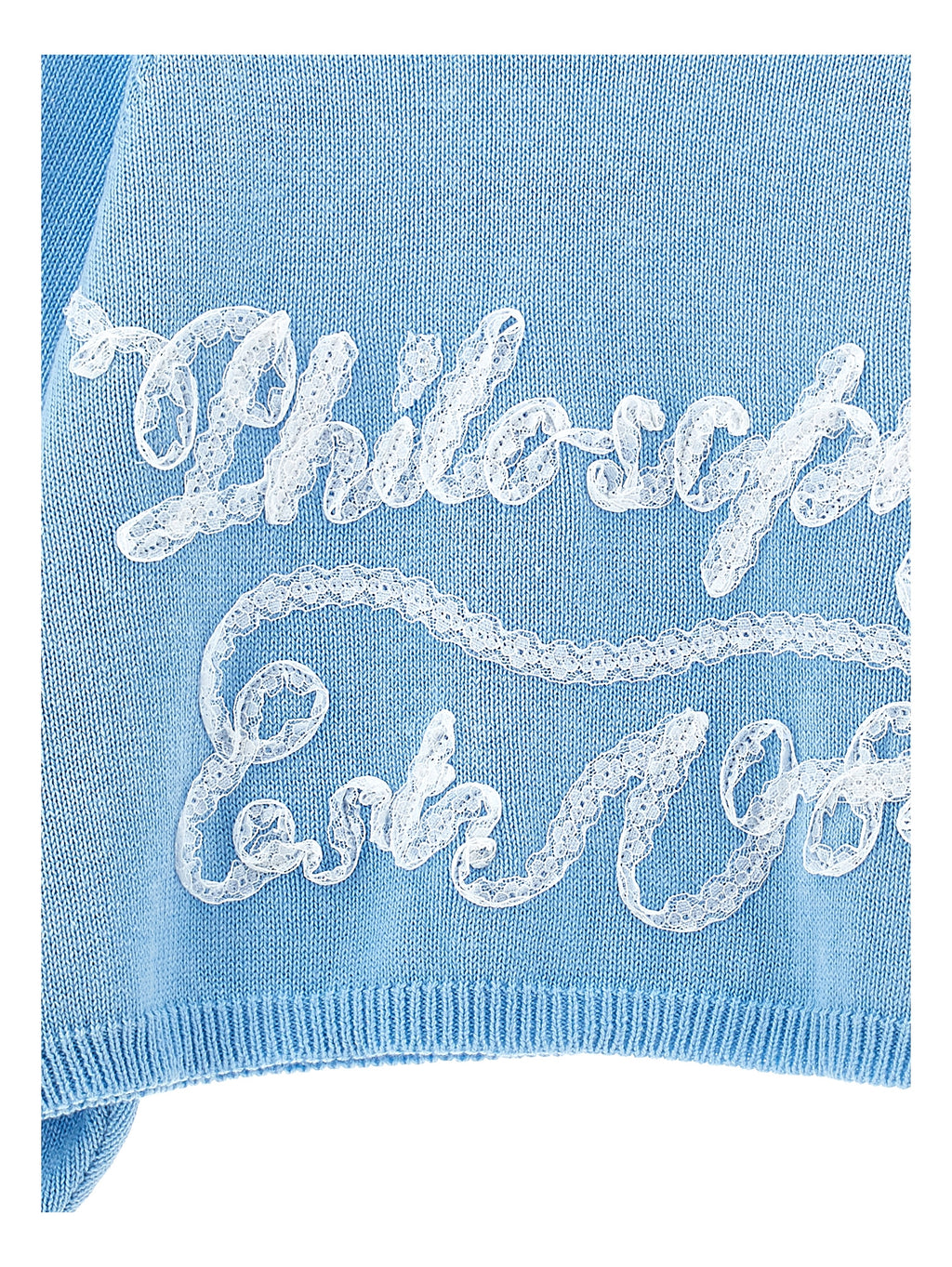 PHK-I9E614 LIGHT BLUE KNIT LETTERING TOP