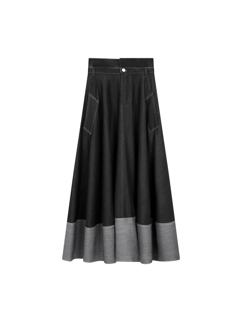 AVG-AL101 BLACK DENIM TWO TONE SKIRT
