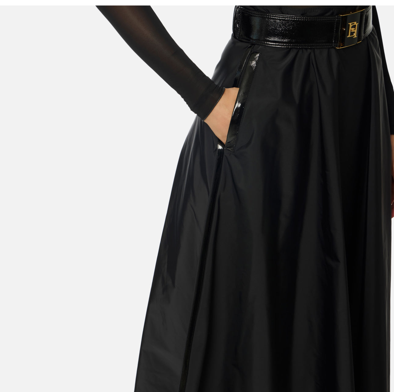 ELS-GO157 BLACK BELTED TAFFETA SKIRT