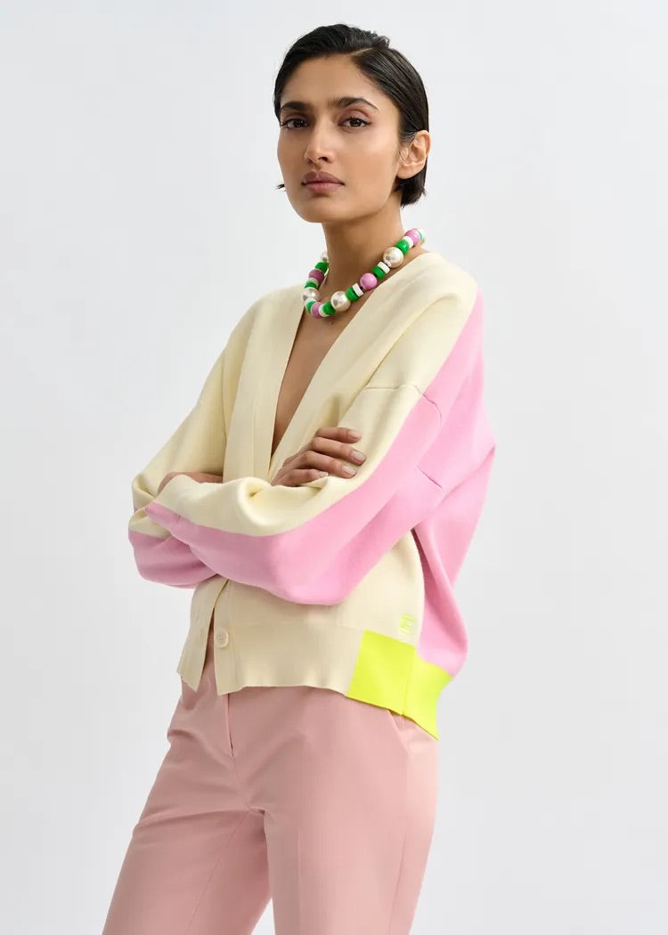 ESA-JICOLOR OFF WHITE&PINK CONTRAST CARDIGAN