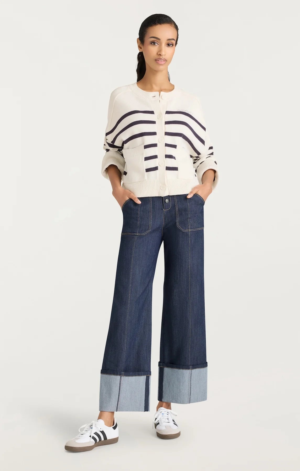 CQS-ZK10449152Z IVORY&NAVY STRIPED CARDIGAN
