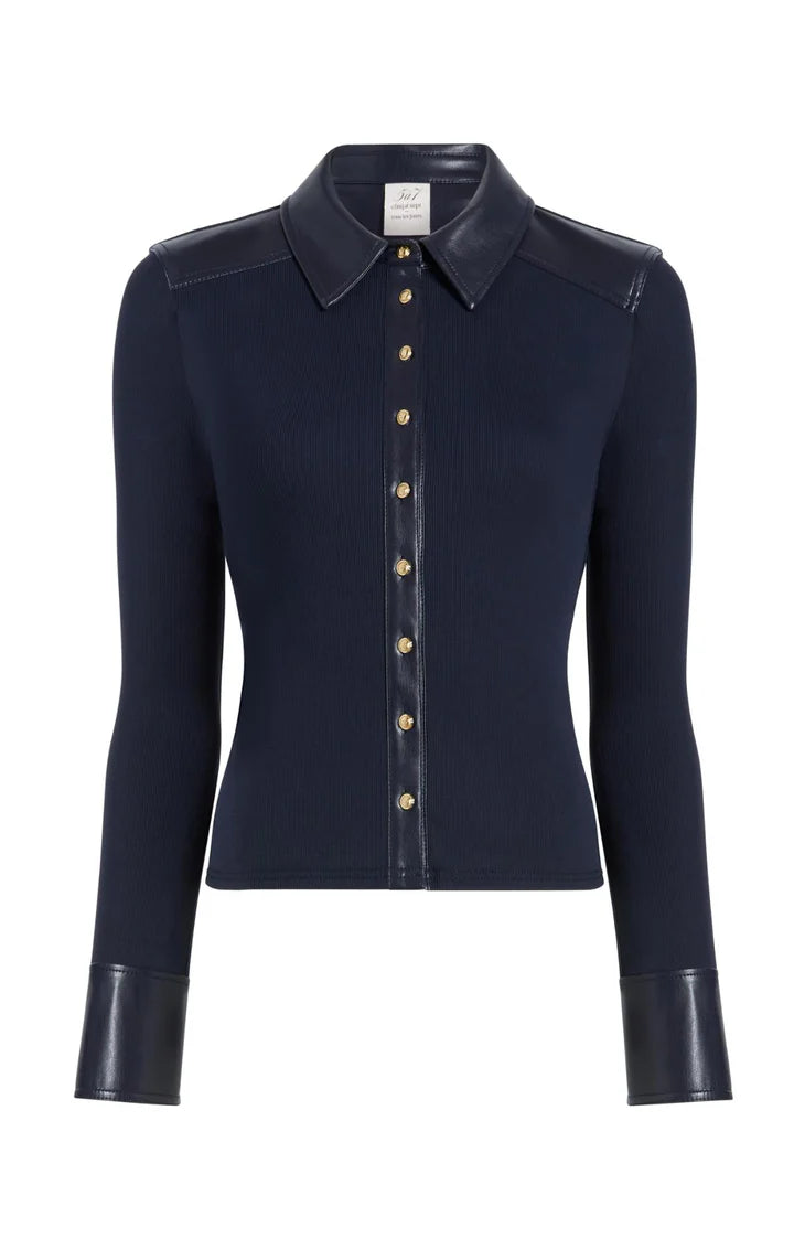 CQS-ZT113410008Z NAVY LEATHER RIBBED BLOUSE
