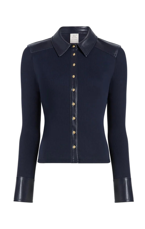 CQS-ZT113410008Z NAVY LEATHER RIBBED BLOUSE