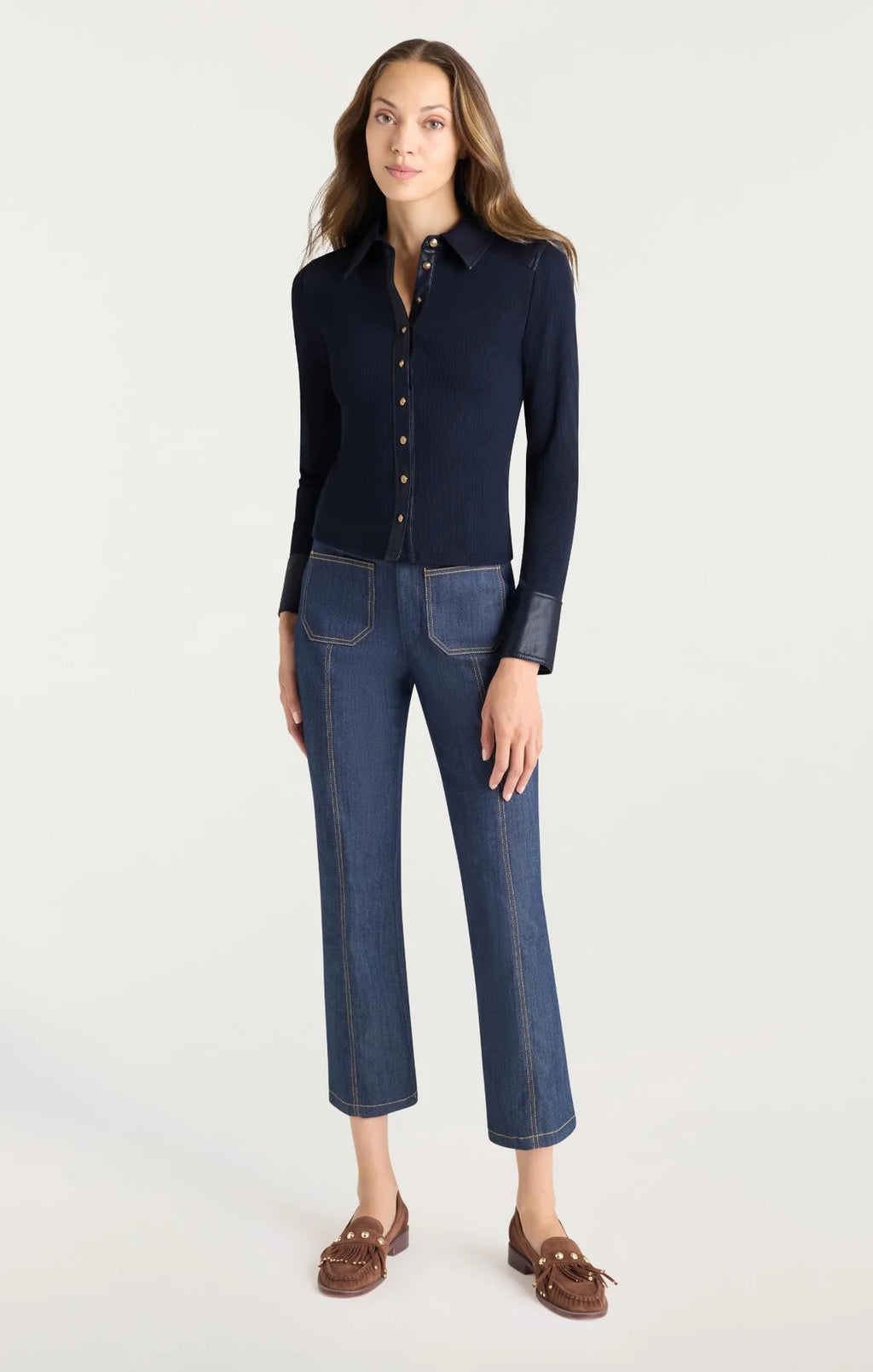 CQS-ZT113410008Z NAVY LEATHER RIBBED BLOUSE