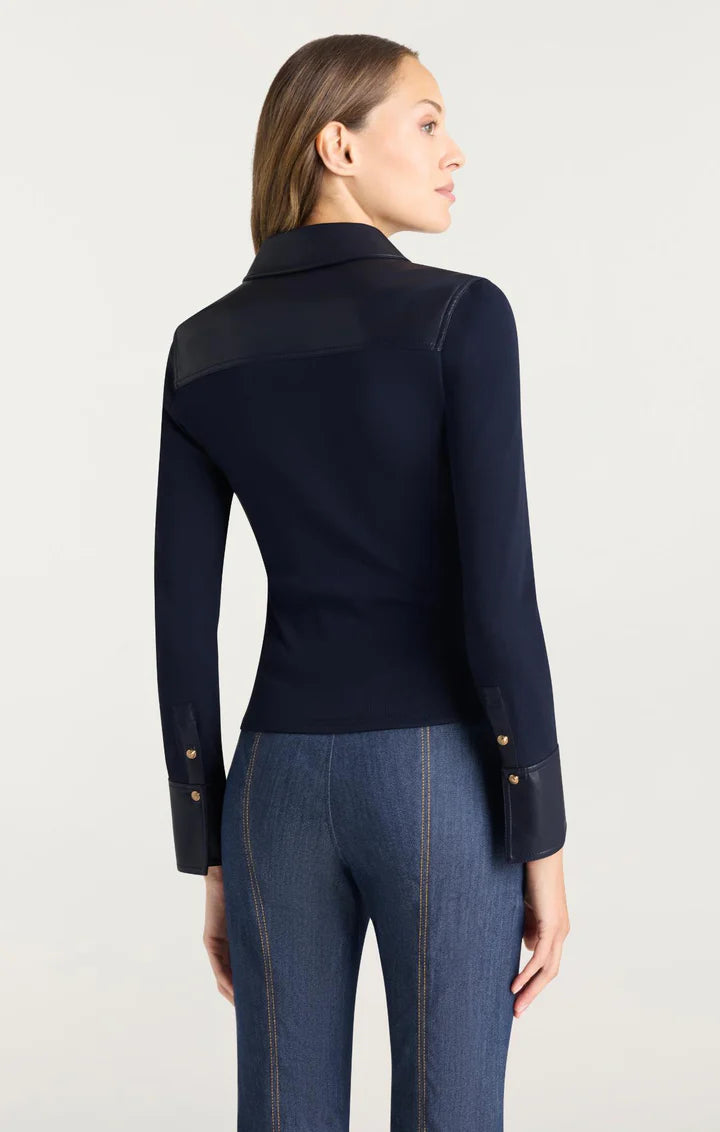 CQS-ZT113410008Z NAVY LEATHER RIBBED BLOUSE