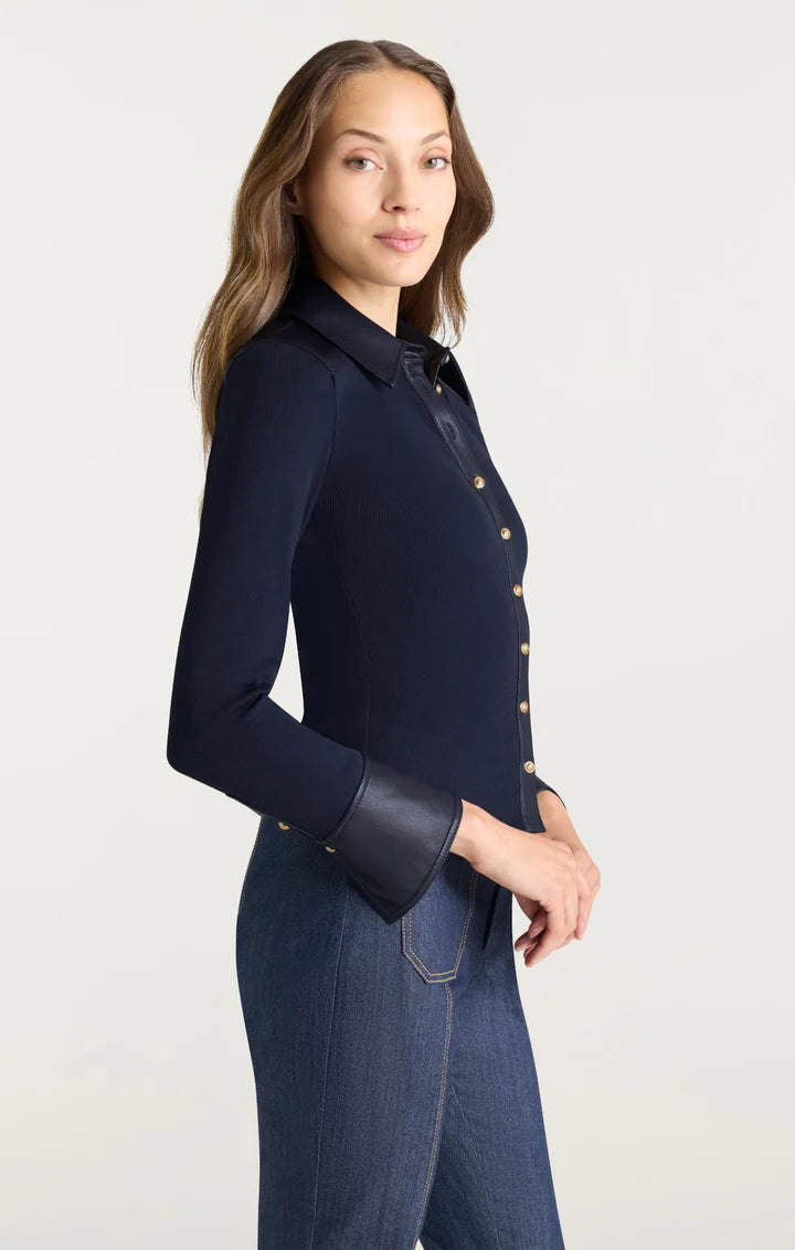 CQS-ZT113410008Z NAVY LEATHER RIBBED BLOUSE