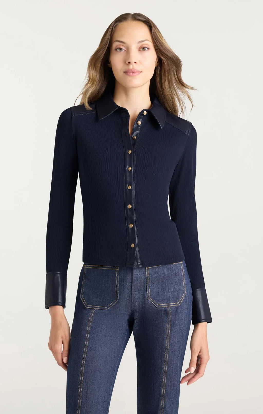 CQS-ZT113410008Z NAVY LEATHER RIBBED BLOUSE