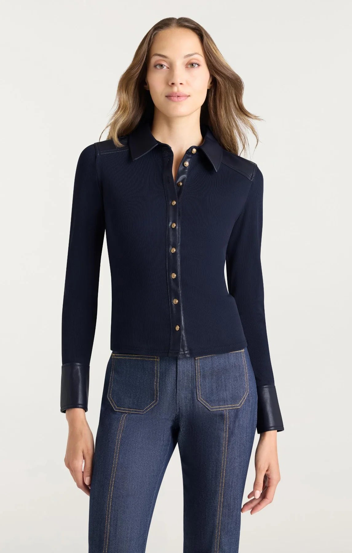 CQS-ZT113410008Z NAVY LEATHER RIBBED BLOUSE