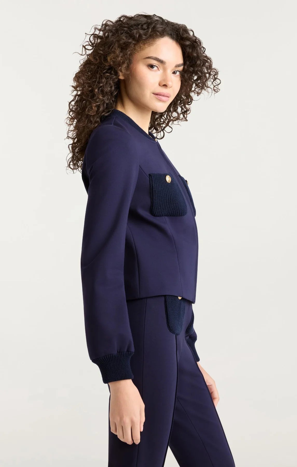 CQS-ZJ95611233Z NAVY PAULETTE KNITTED POCKET JACKET
