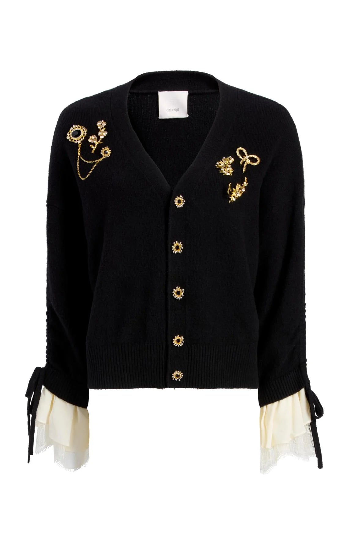 CQS-ZK1211A10348Z BLACK BROOCHES V-NECK CARDIGAN