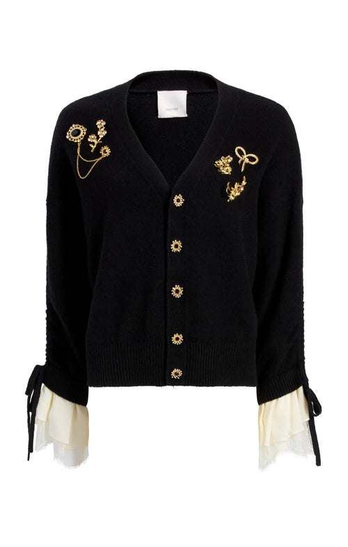 CQS-ZK1211A10348Z BLACK BROOCHES V-NECK CARDIGAN