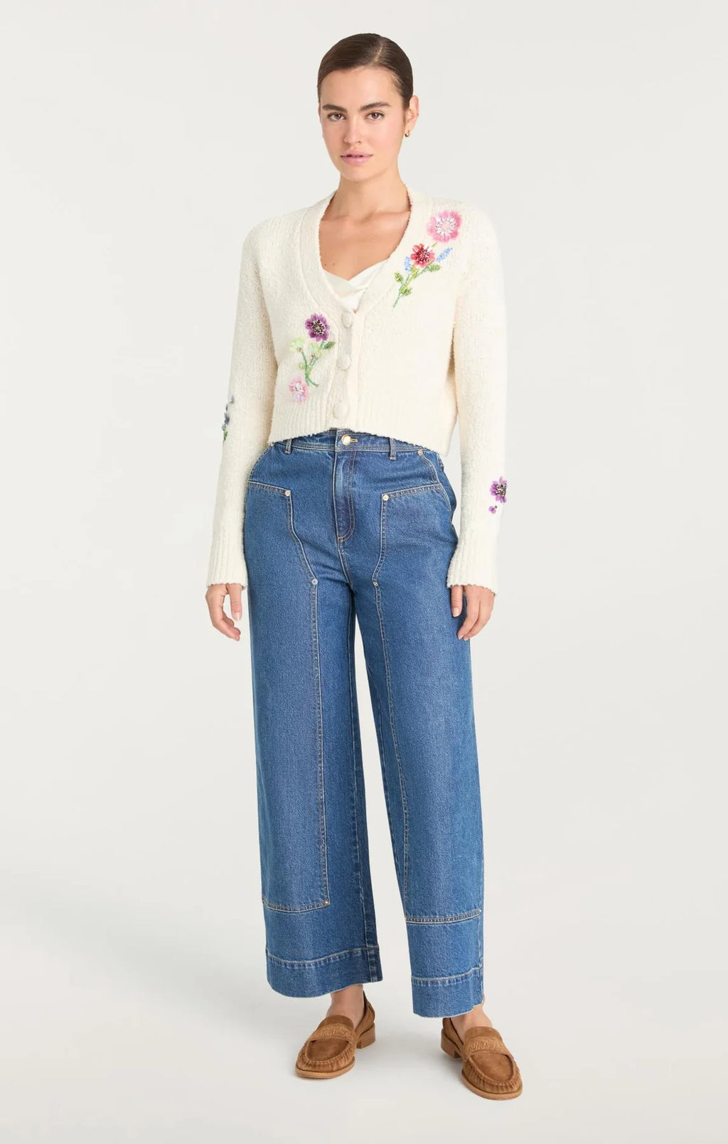 CQS-ZK12209496Z IVORY EMBROIDERED V-NECK CARDIGAN