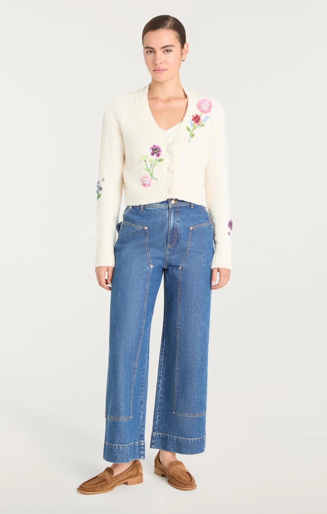CQS-ZK12209496Z IVORY EMBROIDERED V-NECK CARDIGAN