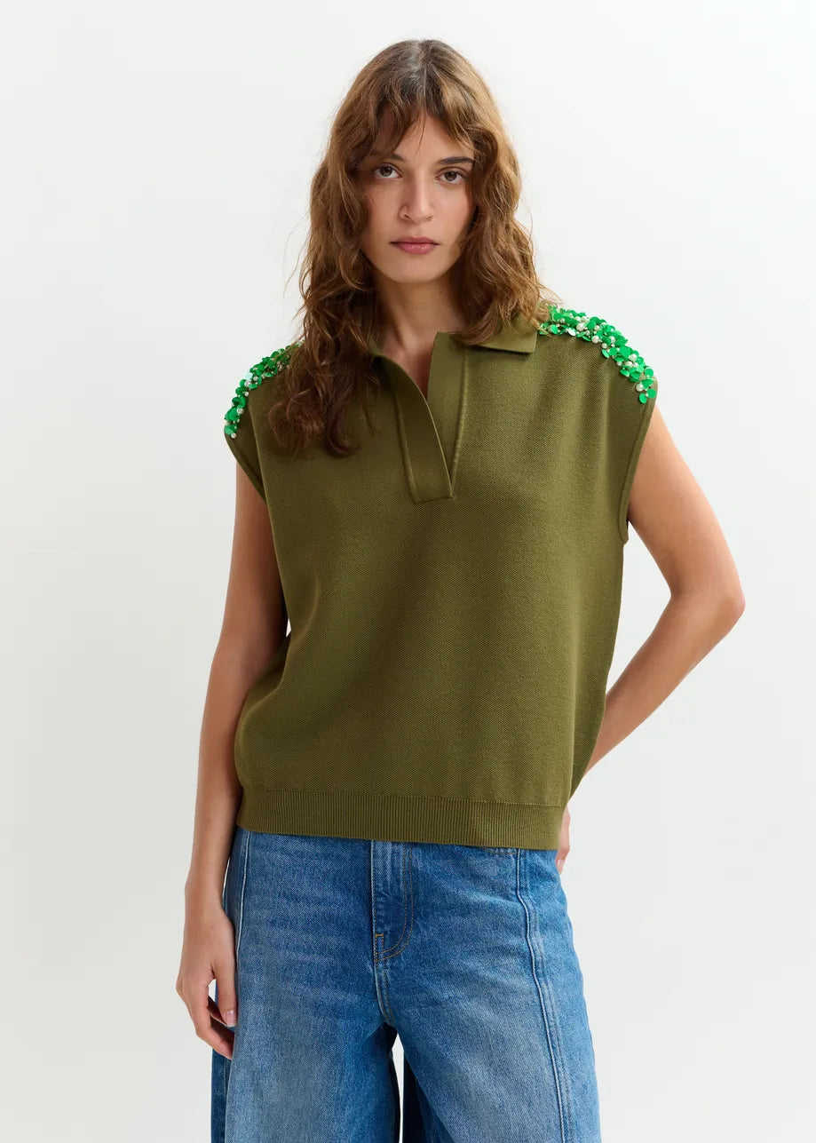 ESA-JOLINE OLIVE EMBELLISHED VEST