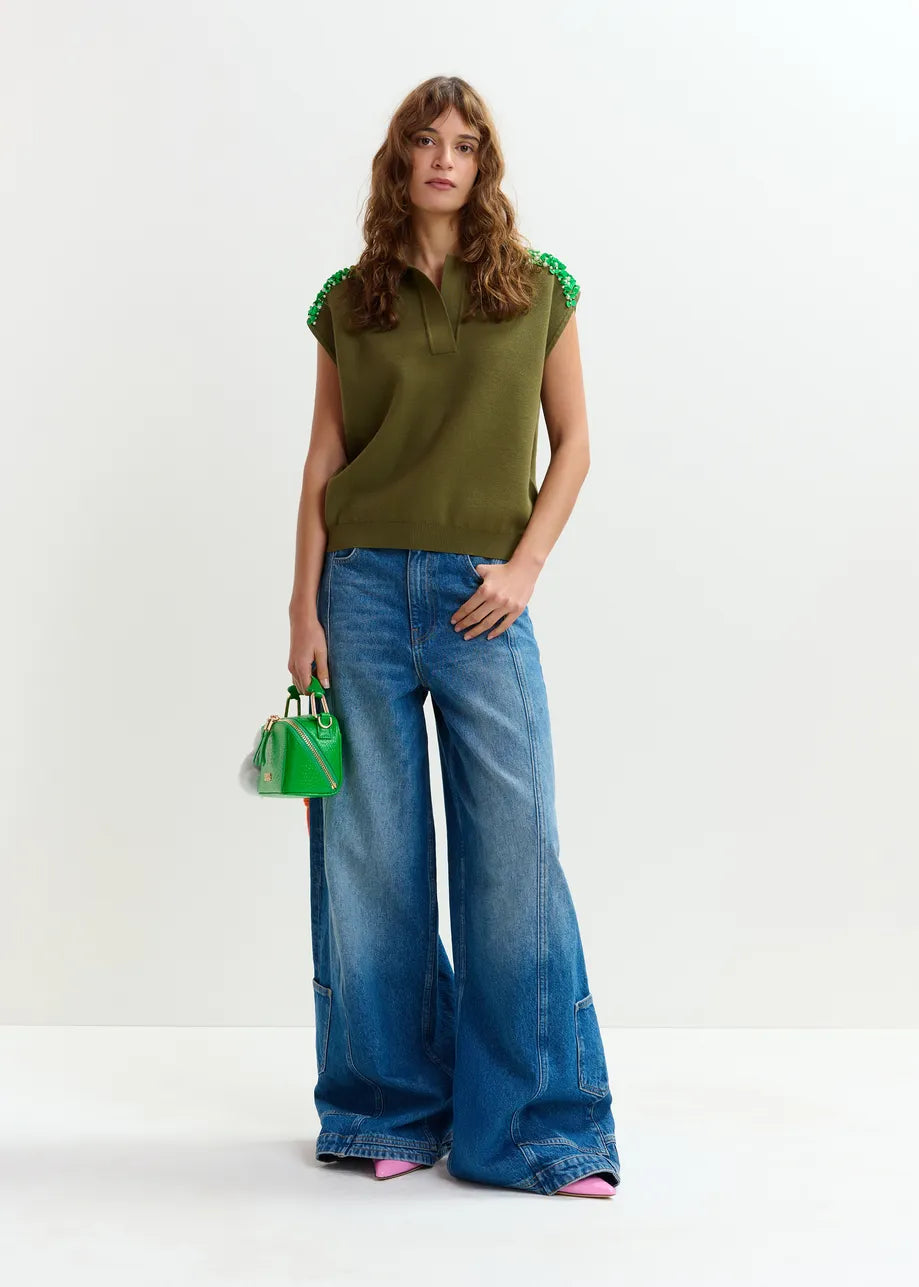 ESA-JOLINE OLIVE EMBELLISHED VEST