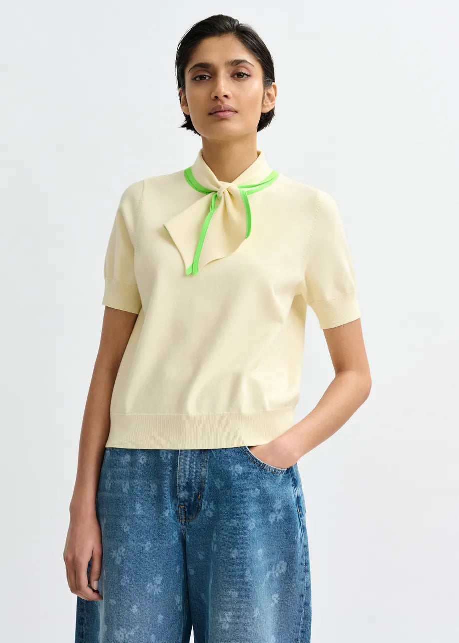 ESA-JONDA IVORY&GREEN CONTRAST TIE TOP