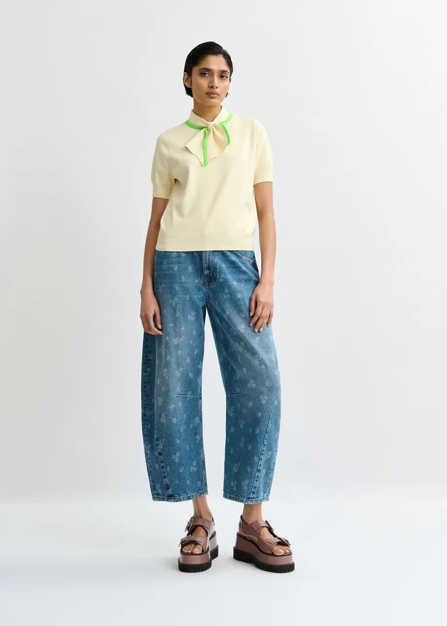 ESA-JONDA IVORY&GREEN CONTRAST TIE TOP