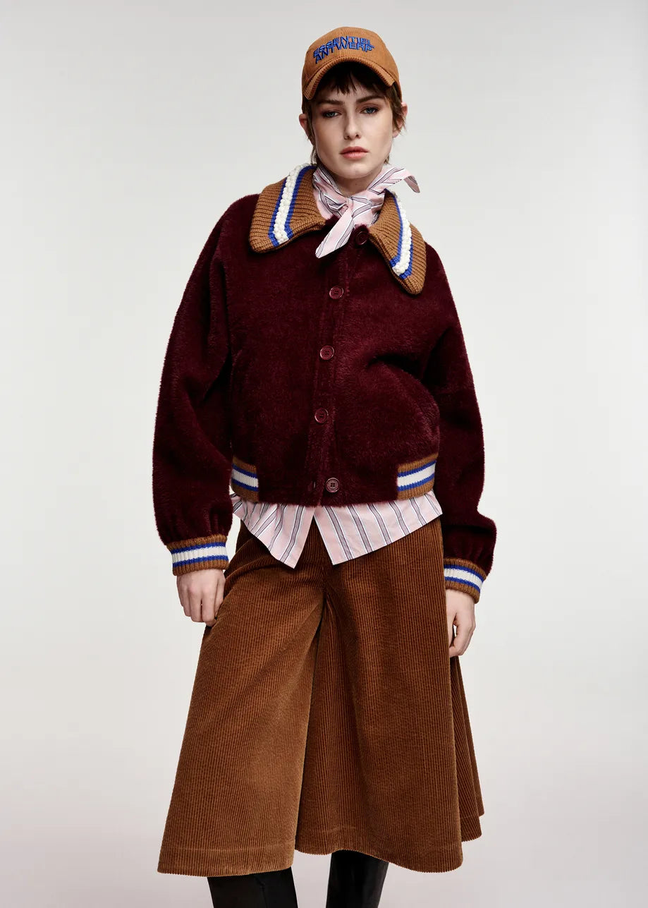 ESA-KAMORE BURGANDY&BROWN COLLAR CARDIGAN