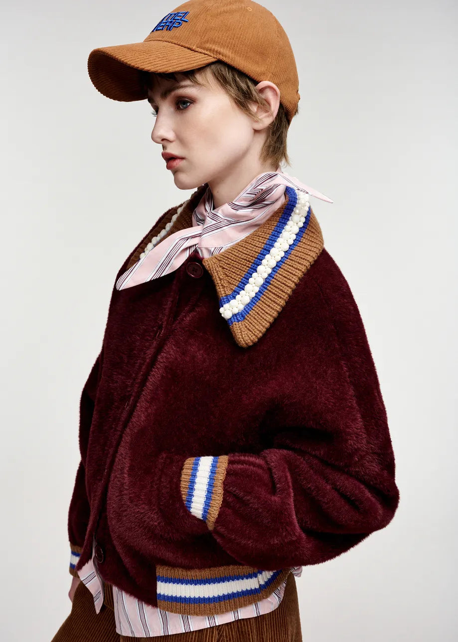 ESA-KAMORE BURGANDY&BROWN COLLAR CARDIGAN
