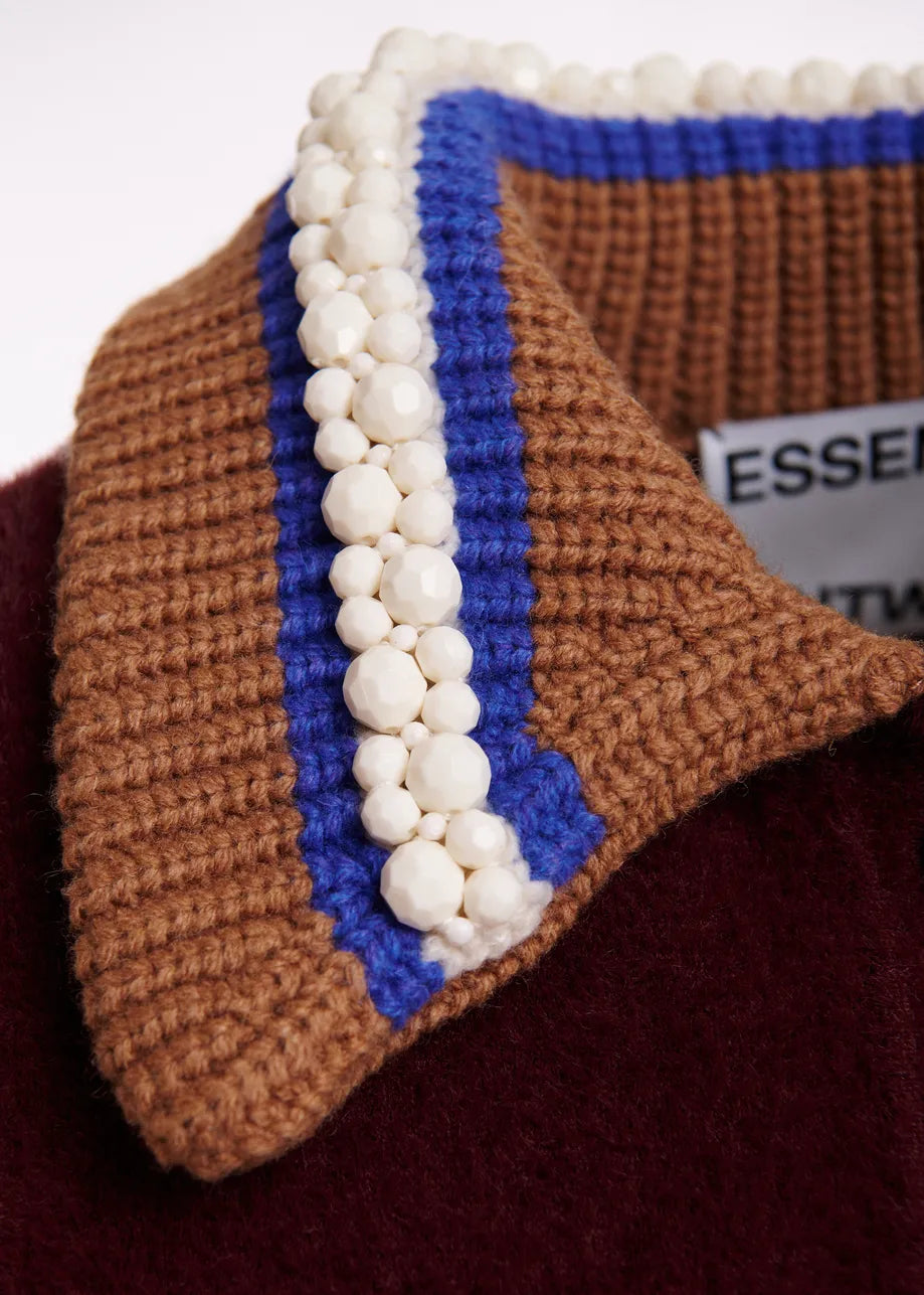 ESA-KAMORE BURGANDY&BROWN COLLAR CARDIGAN