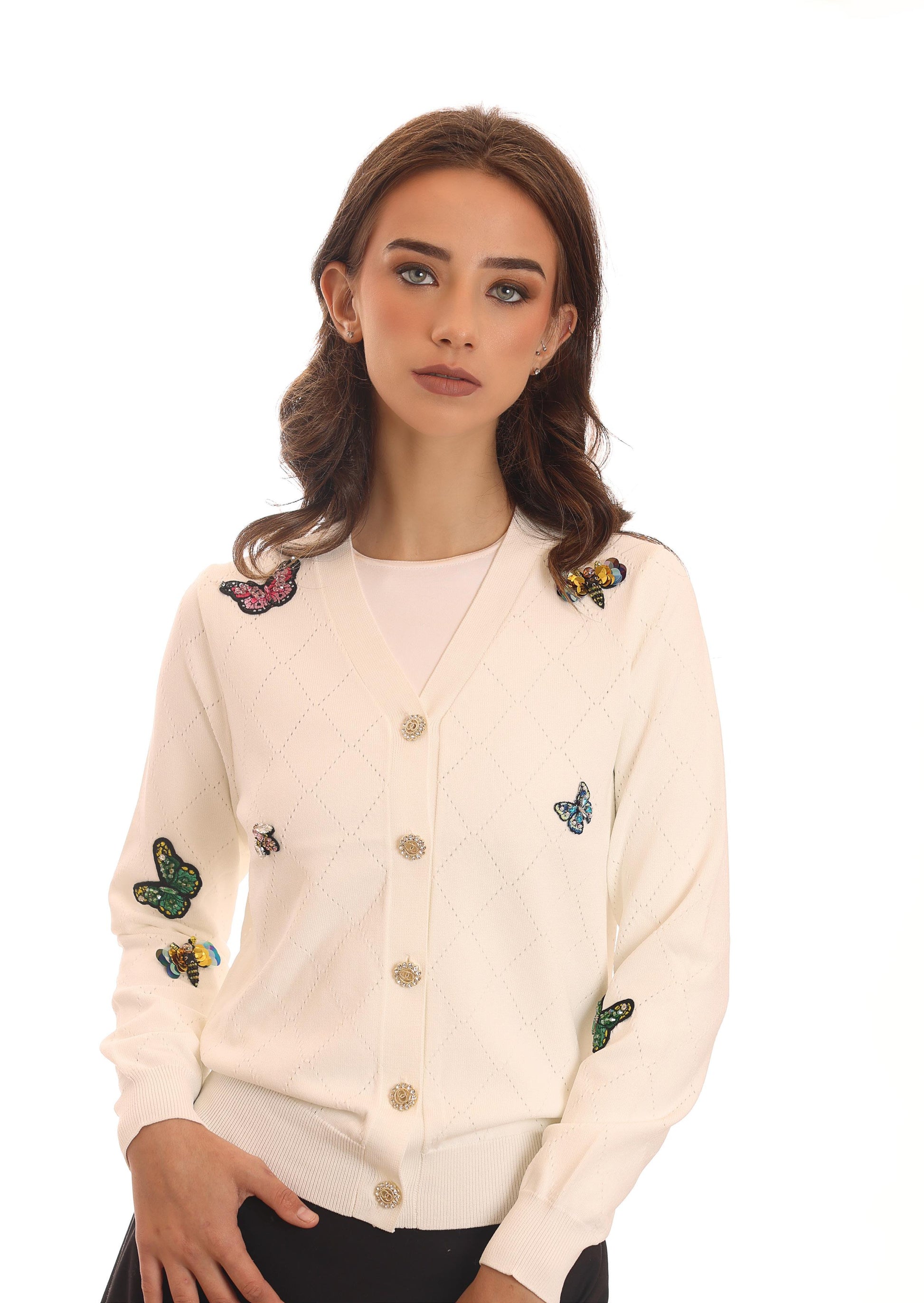 BUTTERFLY CARDIGAN, WHITE WITH COLOUR