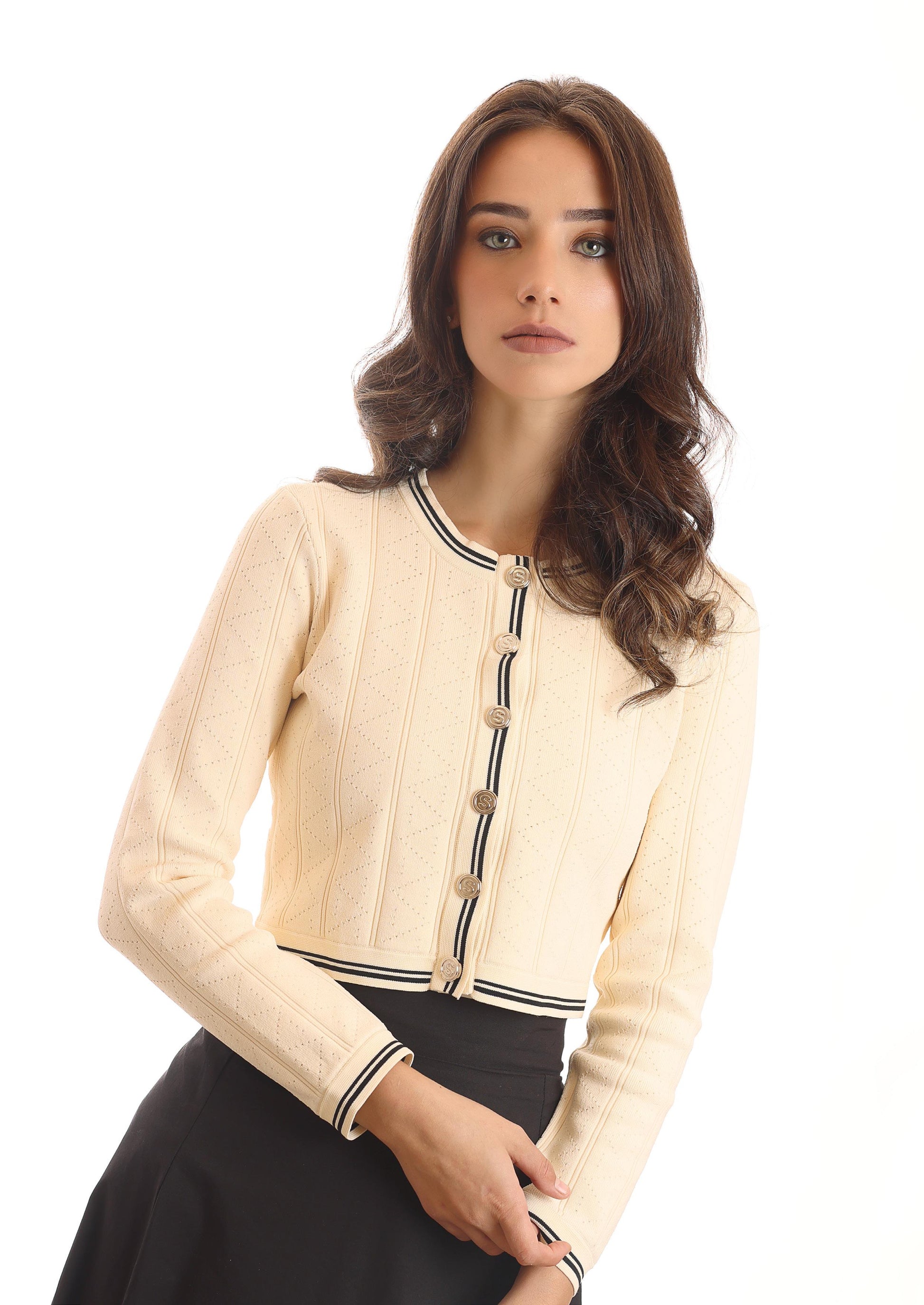 KTL-KNS24238 WHITE & BLACK CROP CARDIGAN