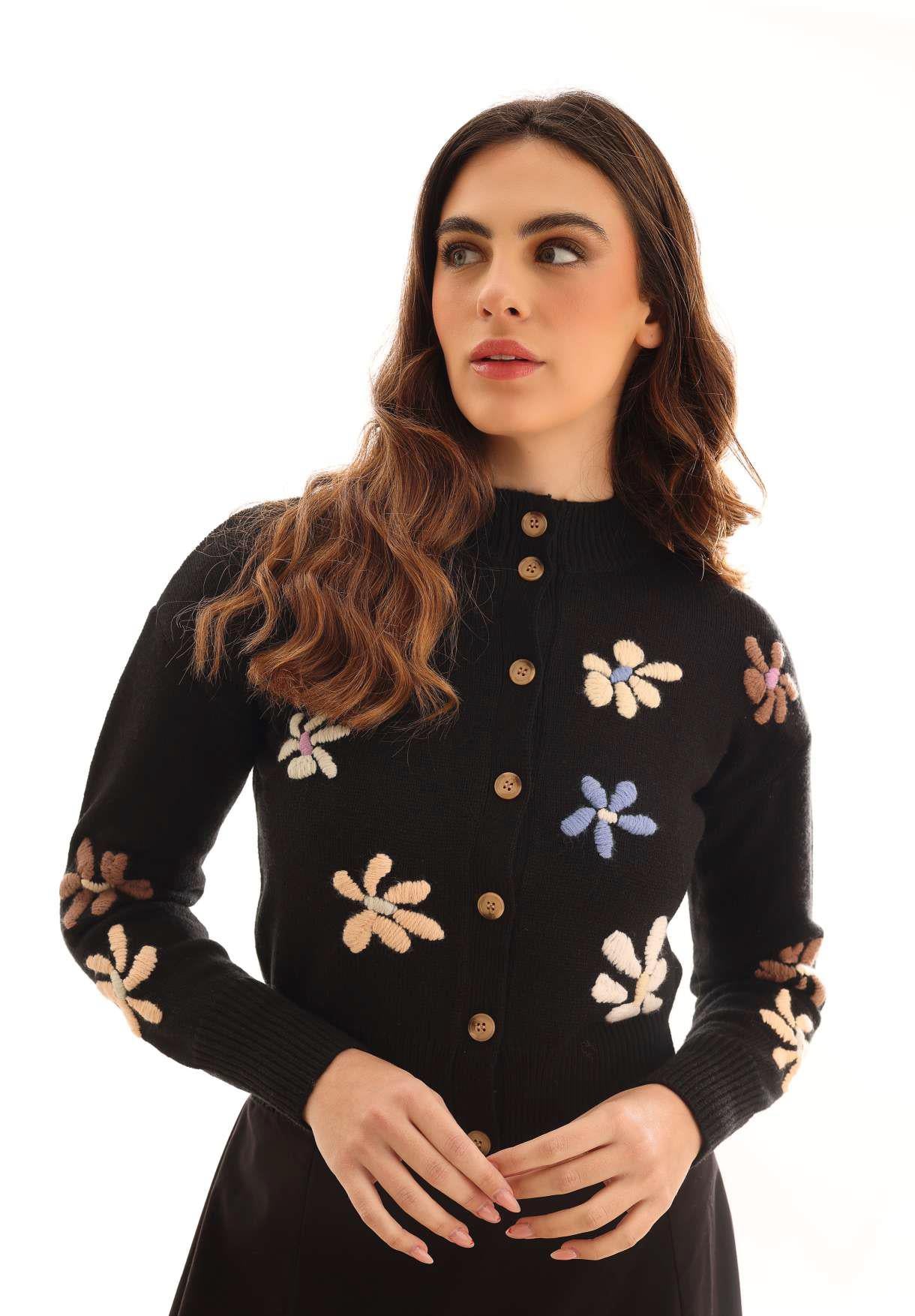 KATELYN-KNW25,319 BLACK & MULTI FLORAL CARDIAGN