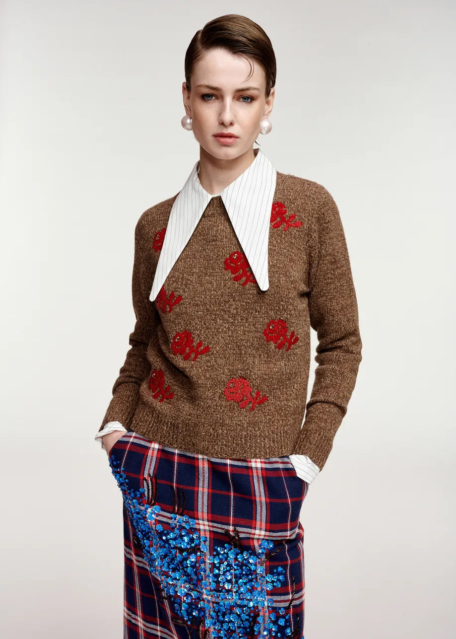 ESA-KORINE CAMEL&RED WOOL TOP