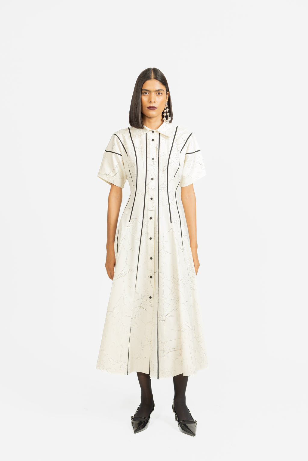 LVB-RS26-001-AZARIA TEXTURED IVORY AND BLACK SHIRT DRESS