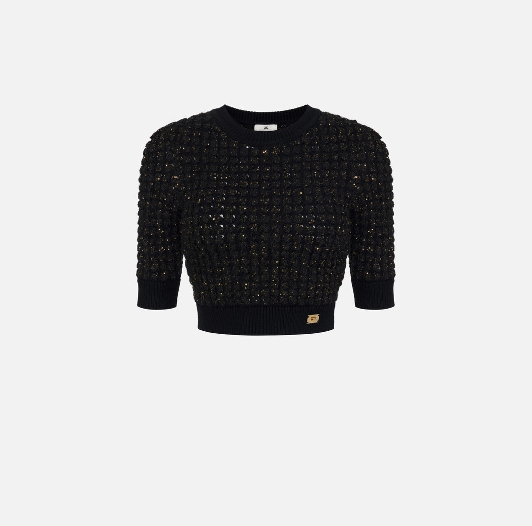 ELS-MK18Q56 BLACK BOUCLÉ CROP TOP